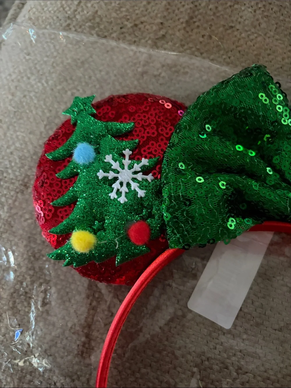 Disney Red & Green Sequin Minnie‎ Mouse Headband Christmas Tree Themed